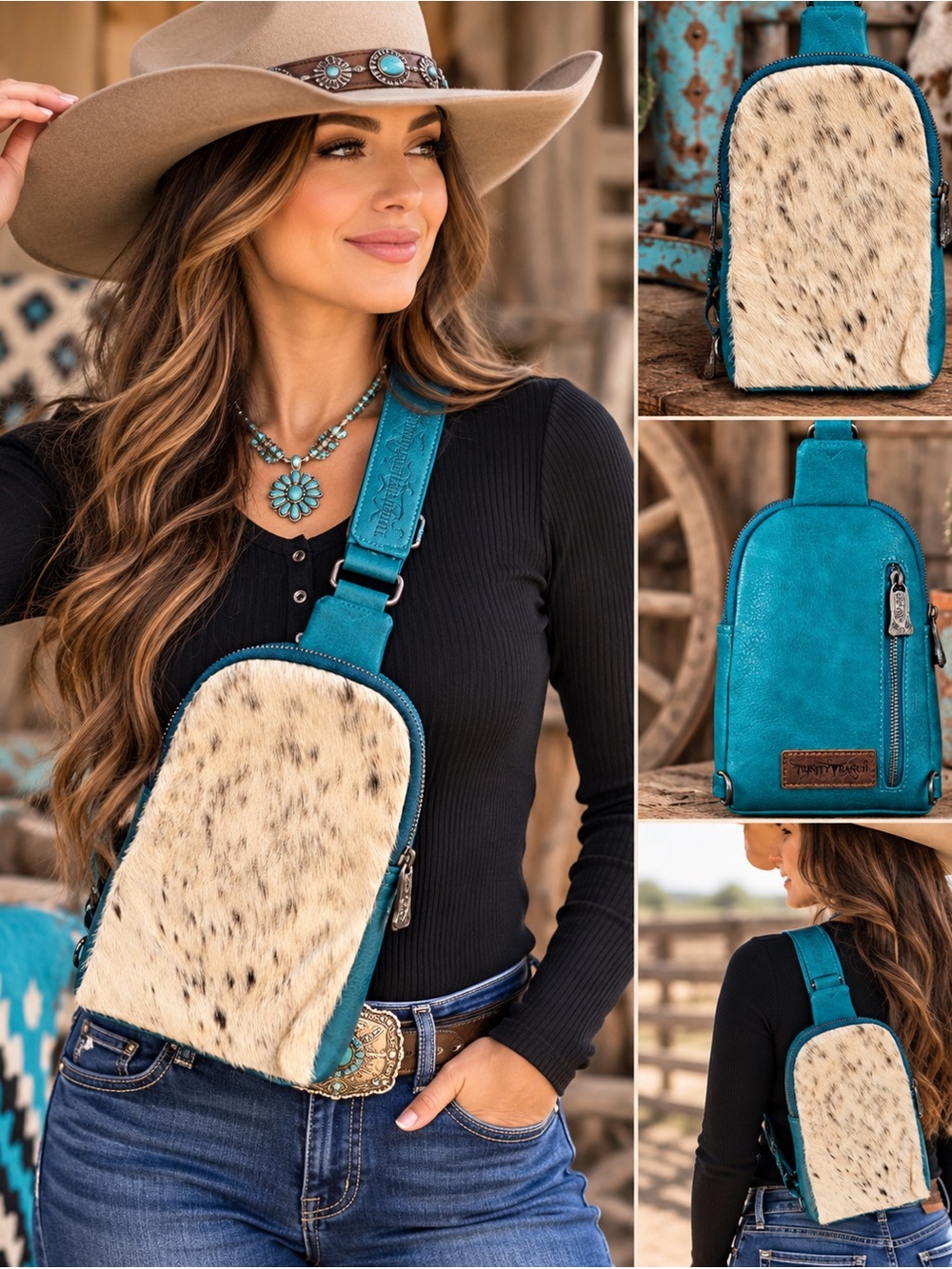 Trinity Ranch Genuine Hair-On Cowhide Collection Sling Bag Turquoise (A)